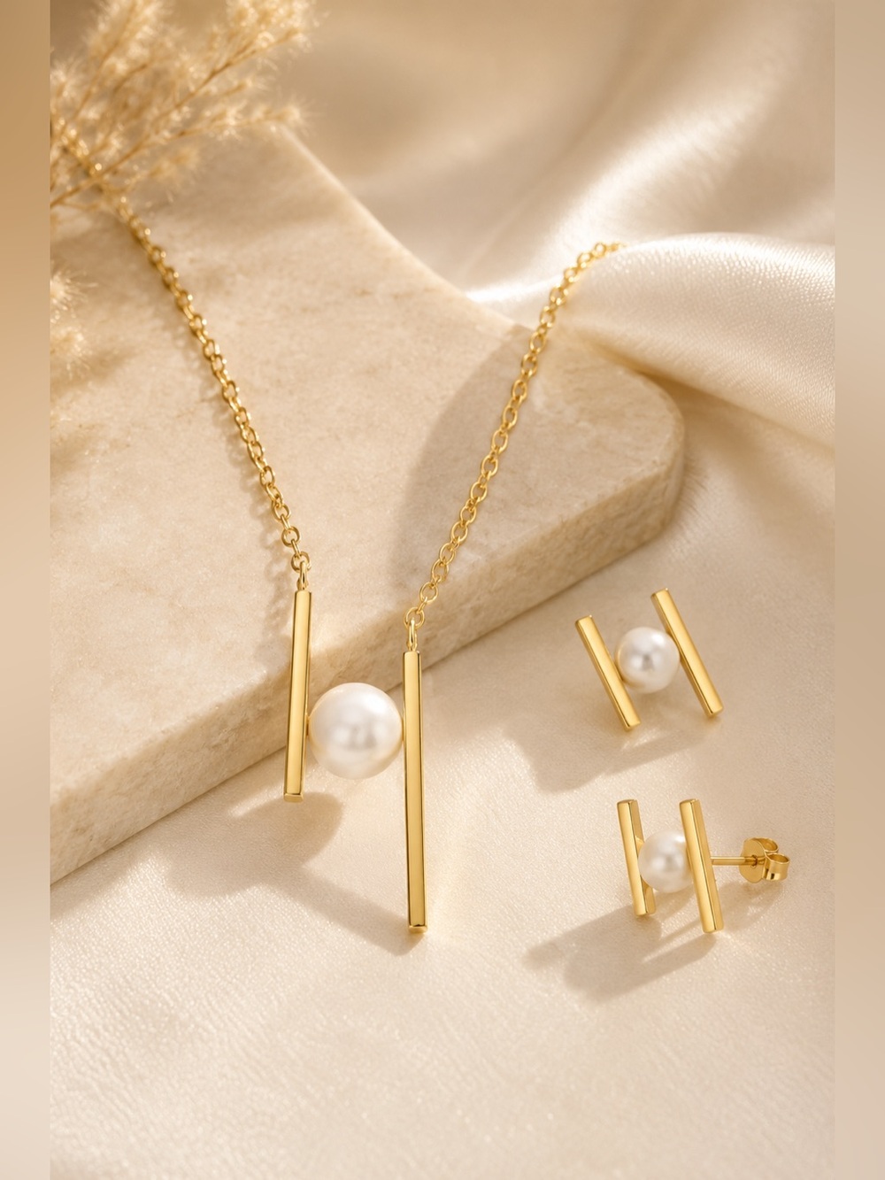 Gold-Tone Pearl Necklace & Earrings Set – Modern Geometric Jewelry